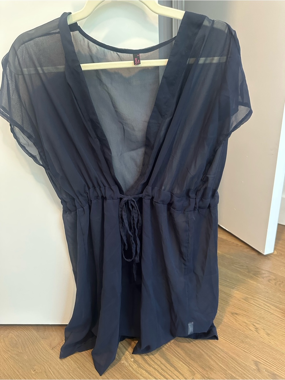 Sheer Deep V Drawstring Tunic - Navy